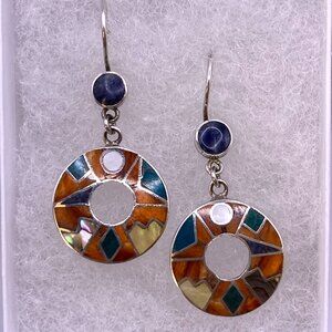Peru Stone & Shell Inlay Peruvian 950 Fine Silver Dangle Earrings J568